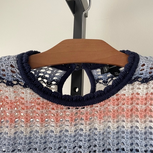 INC Crochet Knit Short Sleeve Sweater Striped Blue White Peach Petite Large - Picture 6 of 8